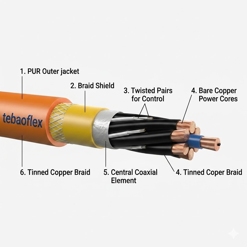 Cross-section of flexible 400Hz aviation cable showing patented neutral conductor design