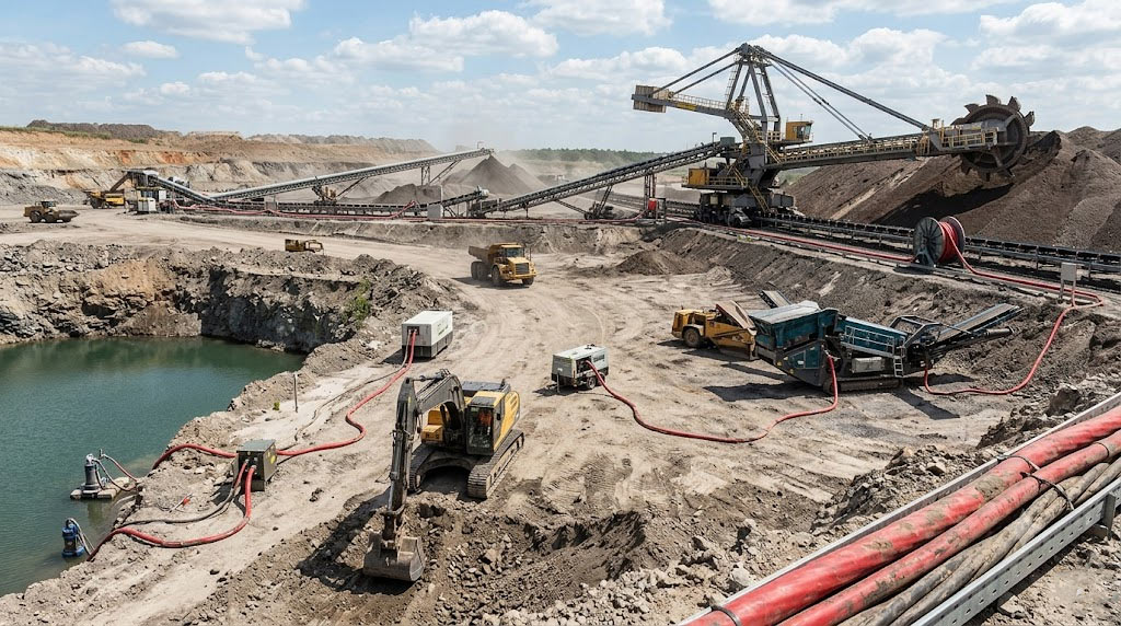 Medium voltage conveyor cable installed along mining material handling equipment