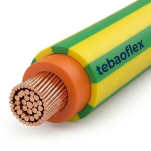Cabo de aterramento flexível verde e amarelo para sistemas de reabastecimento de aeronaves.