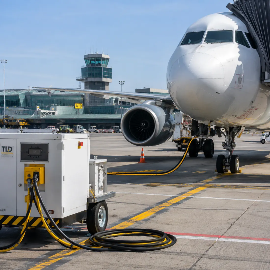 Cable de alimentación de tierra de la aeronave conectado al sistema GPU del aeropuerto