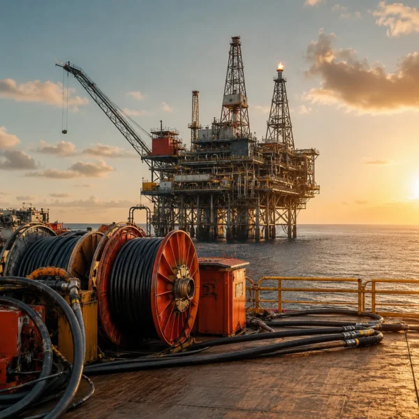 Oil and gas cables on offshore platform at sunset