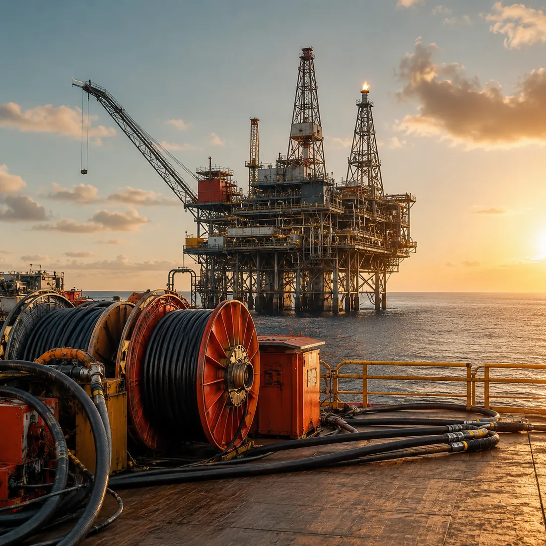 Cables de petróleo y gas en plataforma marina al atardecer