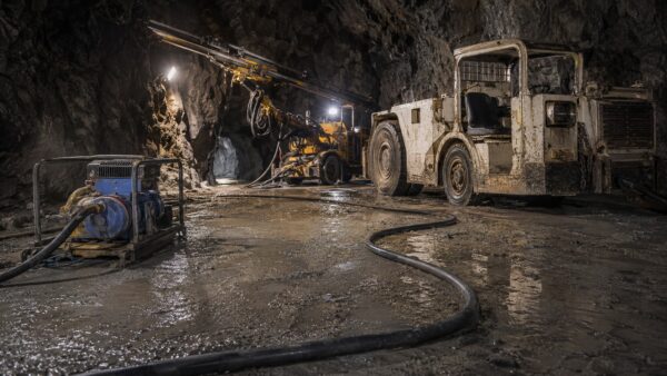 three-conductor-round-type-w-cable-600-2000v-Scene Type W cable routed beside loaders and drilling equipment in an underground mine