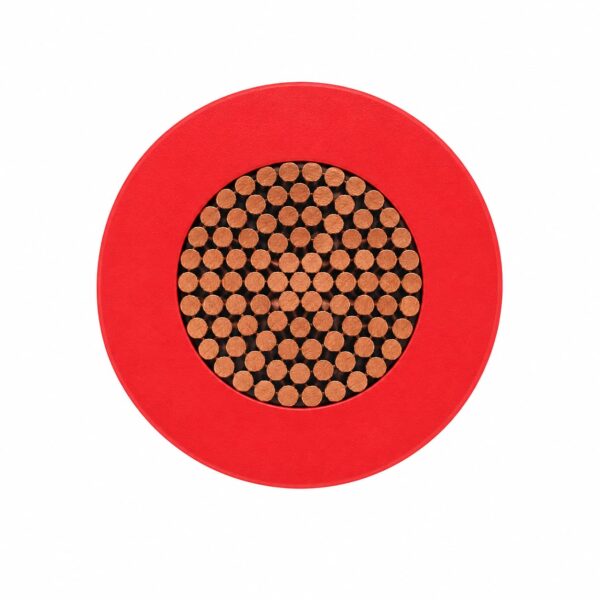 tri-rated-cable-h07v2-k-bs6231-panel-wire- Red tri-rated cable cross section showing flexible copper conductor and PVC insulation
