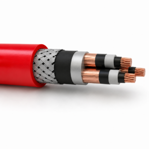 Cable de alimentación para túneles de media tensión 2XSEYQY de 6/10 kV, color rojo, con tres conductores apantallados con cinta de cobre y armadura de malla de alambre de acero galvanizado.