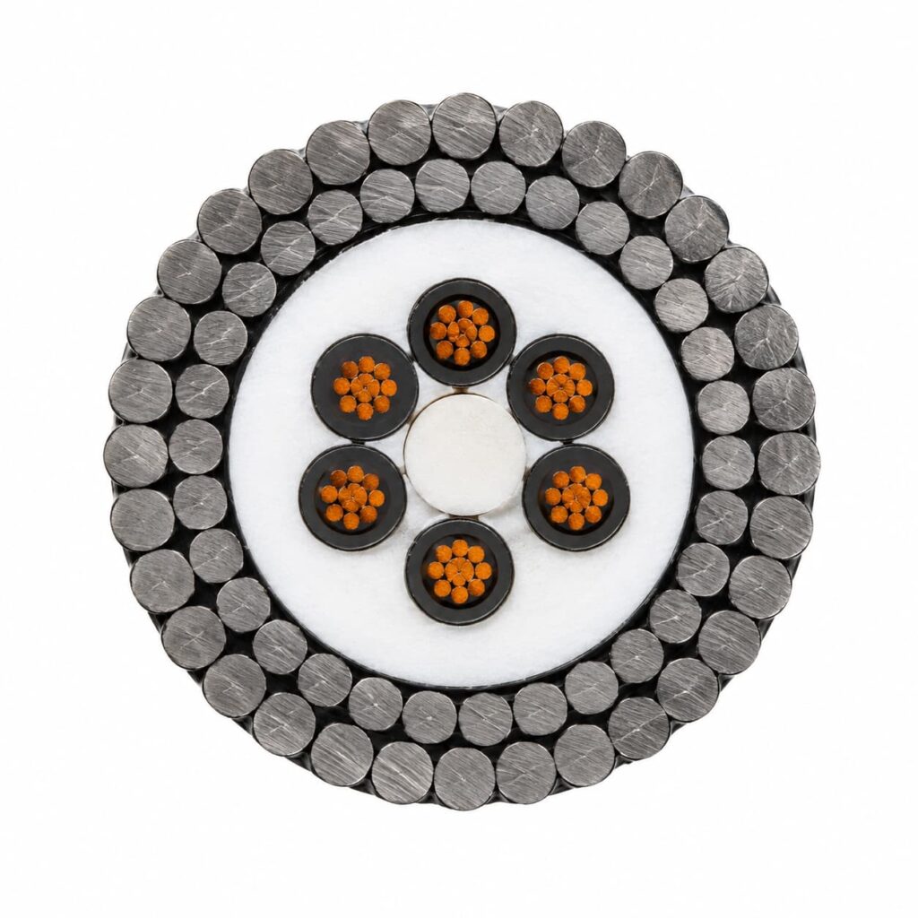 Armoured underwater instrumentation cable with load-bearing steel wire armour