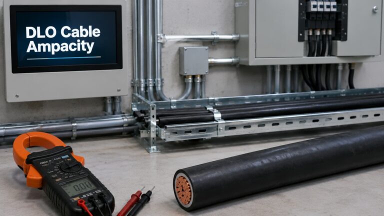 DLO cable ampacity testing setup with cable, clamp meter and cable tray