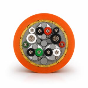 CDUR01 underwater umbilical cable cross section with orange PUR jacket, Vectran braid, power conductors and twisted shielded pairs