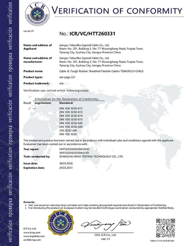 CE verification of conformity certificate issued for TEBAOFLEX cable products