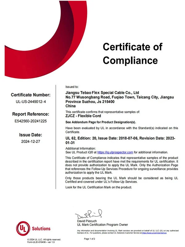 UL certificate of compliance issued for specified TEBAOFLEX flexible cord products