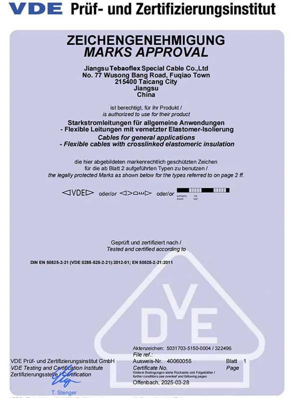 VDE marks approval certificate for applicable TEBAOFLEX elastomer insulated flexible cables
