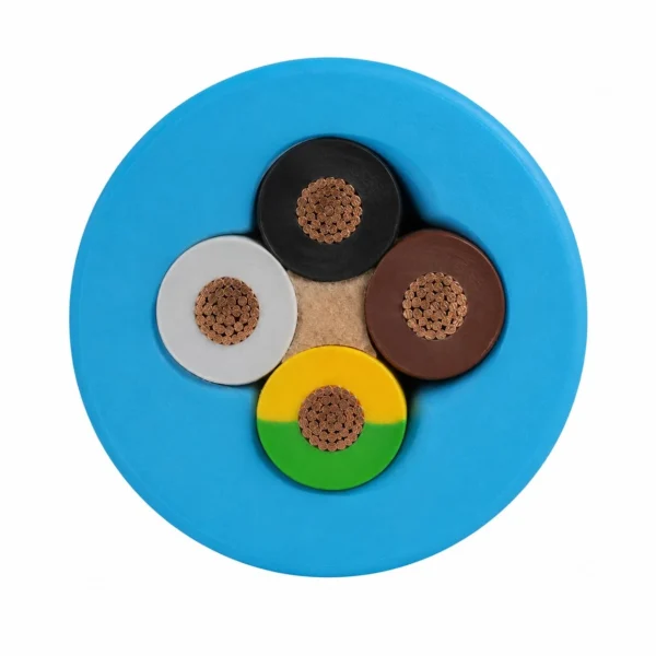 Drincable 600 Potable Water Pump Cable Cross Section Drincable 600 potable water pump cable cross section with light blue sheath and four tinned copper cores