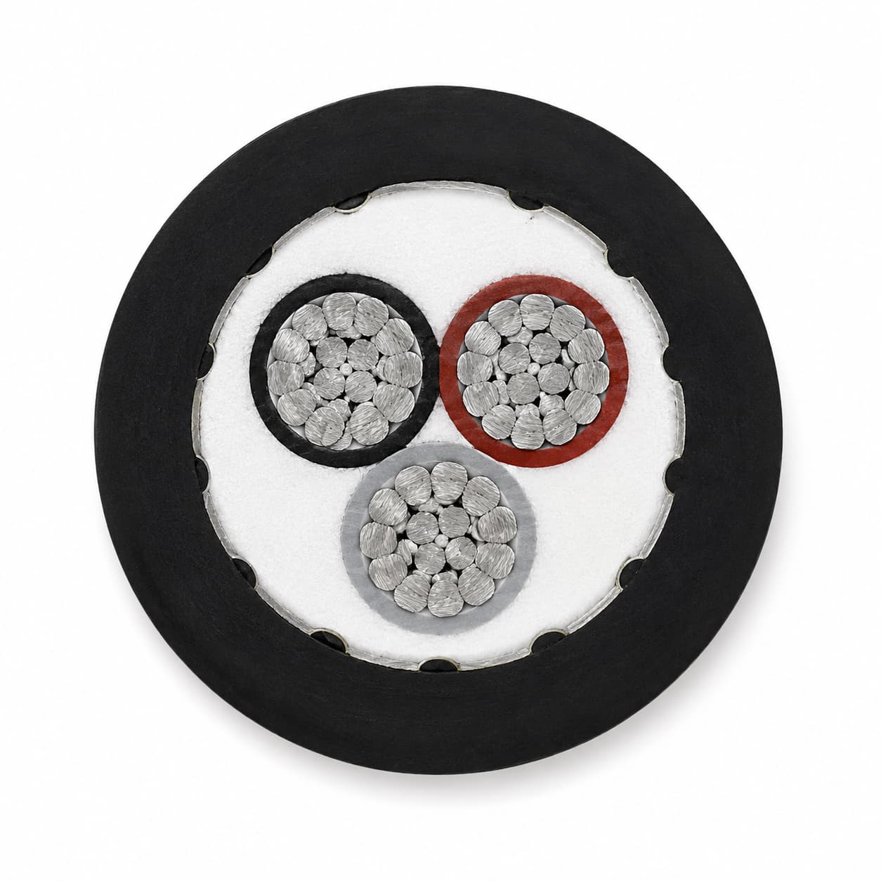 NEK 606 BFOU P105 cable cross-section showing three insulated conductors, fillers, metallic braid and black outer sheath
