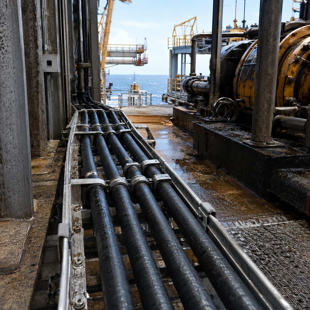 Fixed black offshore cables installed on a cable tray in an oil and gas platform environment