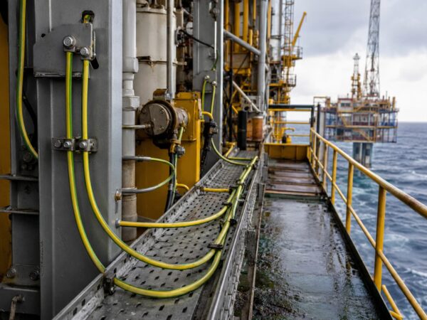 Green-yellow offshore earthing and bonding cables installed on an oil and gas platform