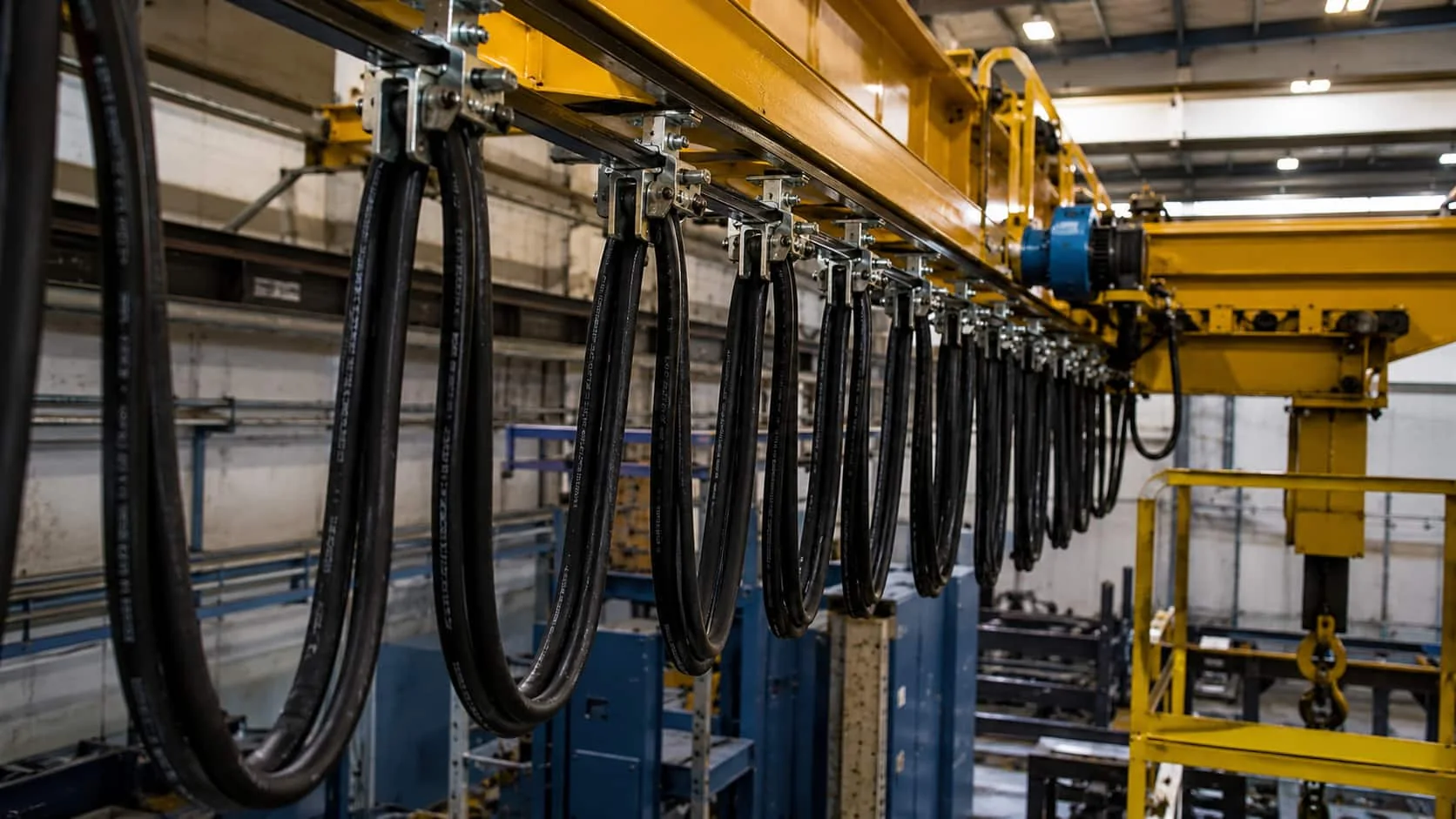 Flat festoon cable loops on an overhead crane trolley system