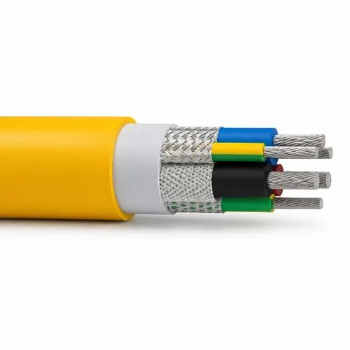 (N)SSCHÖU-J 0.6/1kV cable cutaway with yellow rubber sheath, TCWB braid screen and tinned copper conductors