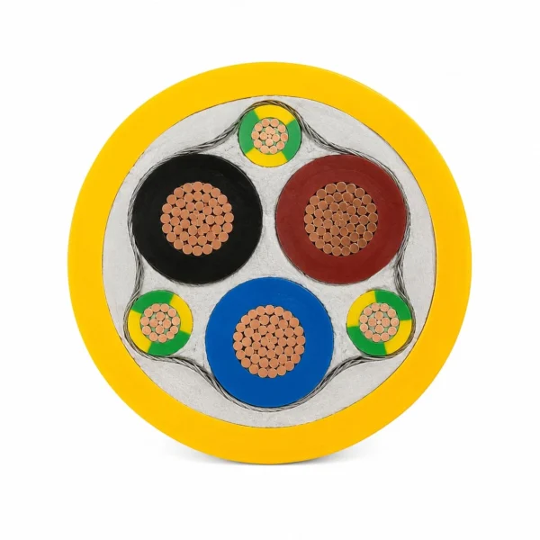(N)SSCHOU-J Cable Cross Section TCWB Screen (N)SSCHÖU-J cable cross section showing yellow rubber sheath, braid screen, three phase cores and three earth conductors