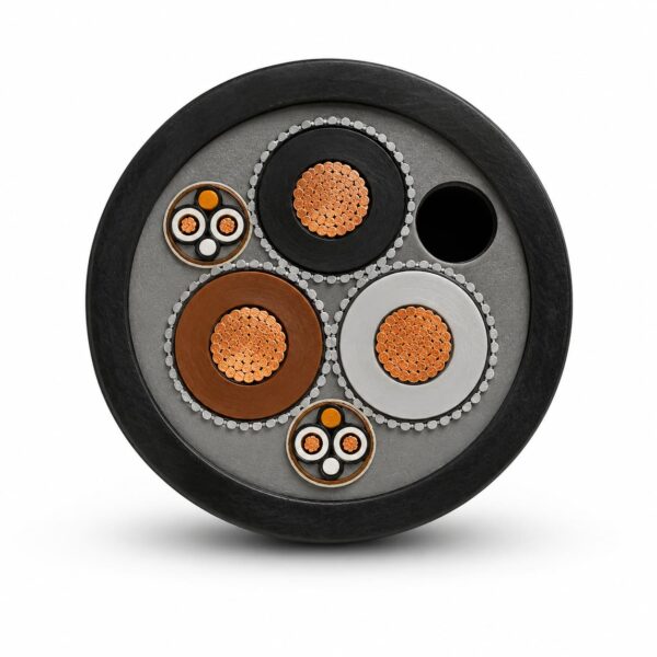 Screened Submersible Pump Cable Control Elements Screened submersible pump cable cross section with power conductors, monitoring elements and outer rubber sheath