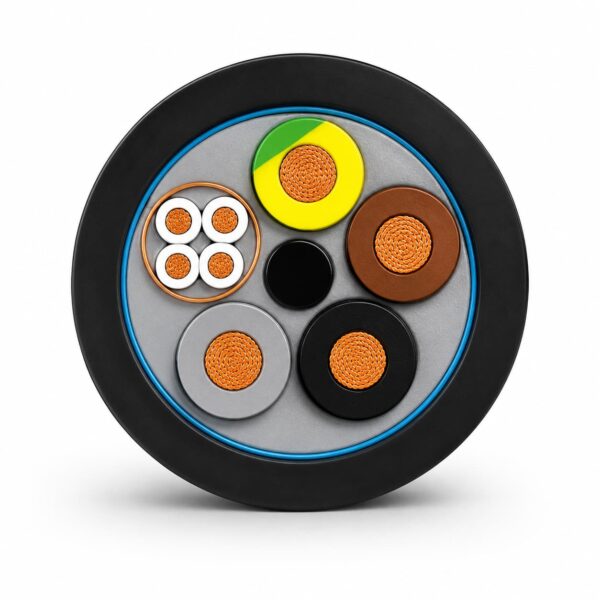 Submersible Pump Cable Blue Ring Cross Section Submersible pump cable cross section with power conductors, monitoring cores and blue sealing ring detail