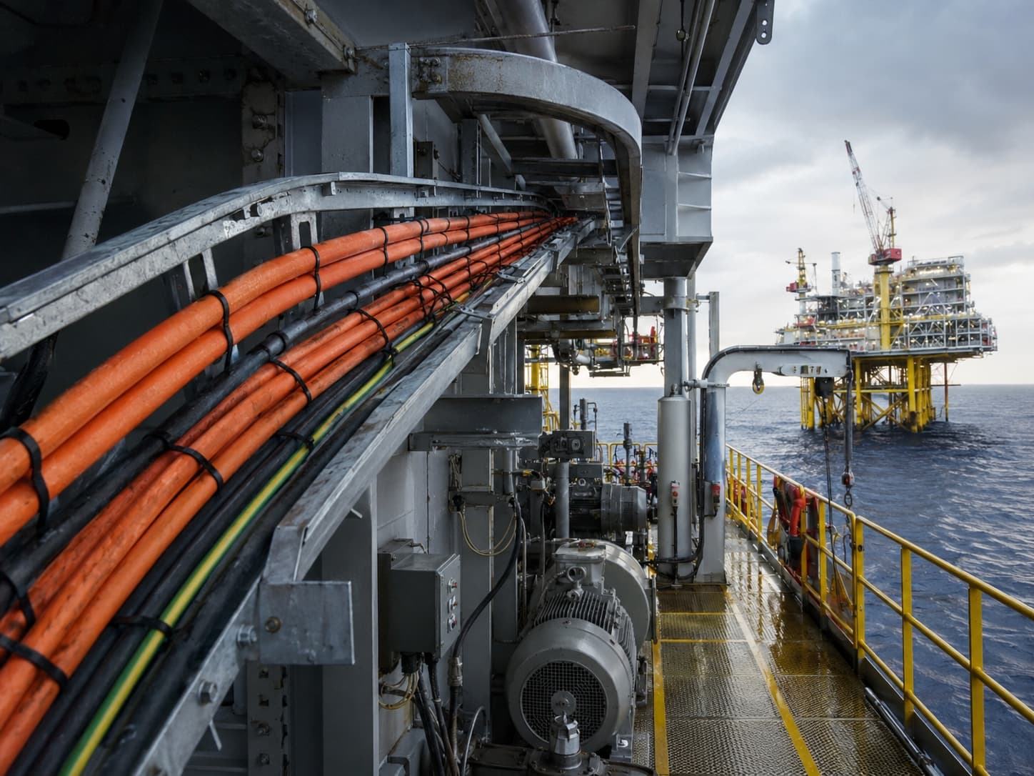 Offshore platform cable tray route illustrating fixed marine cable installation conditions