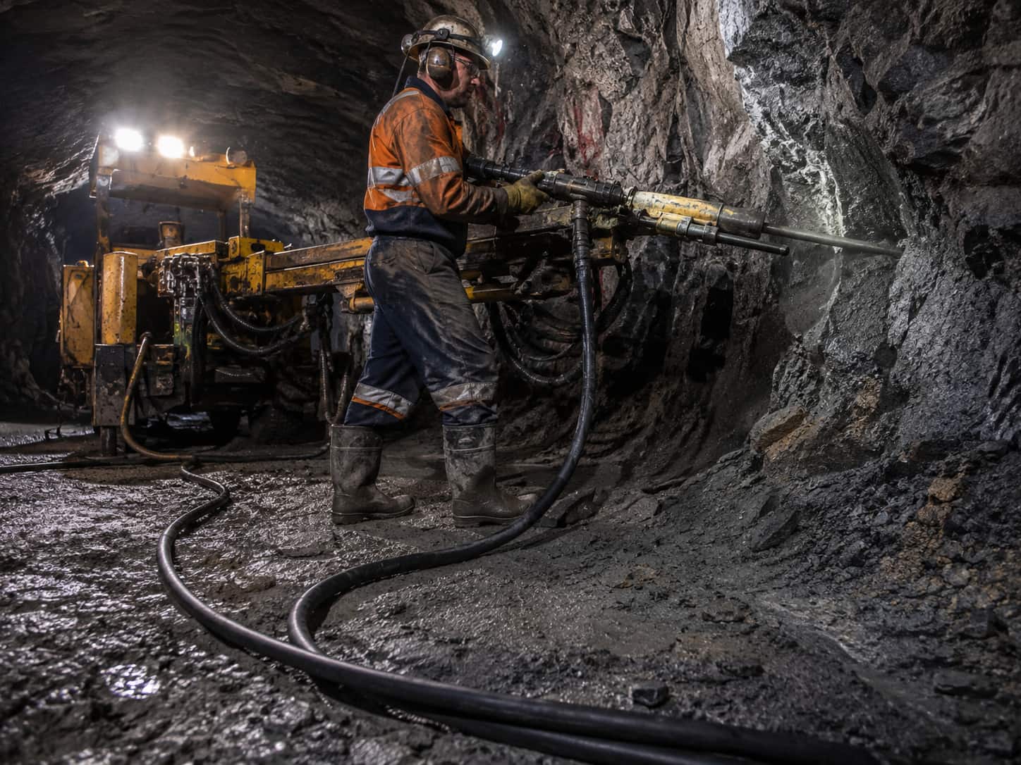 Type 210 flexible rubber mining cable supplying a hand-held boring machine in an underground mine