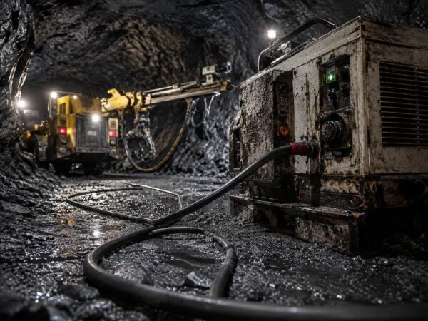 Type 240 Underground Coal Mine Cable 1.1kV to 11kV Type 240 underground coal mine cable connected to mining equipment in an underground coal mine