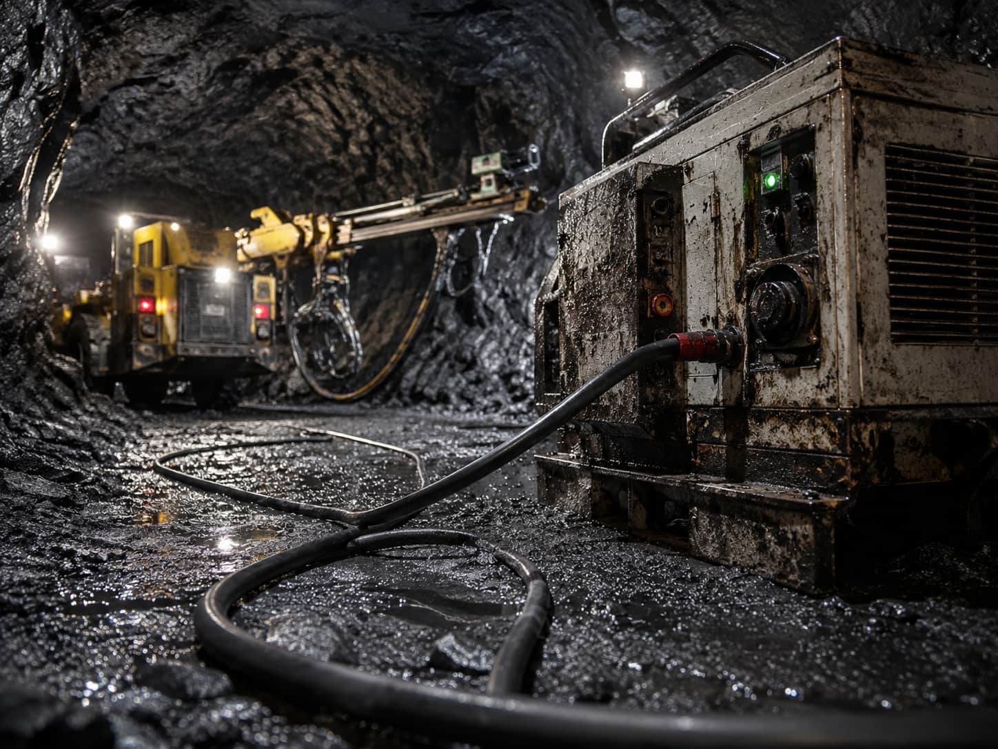 Type 240 underground coal mine cable connected to mining equipment in an underground coal mine
