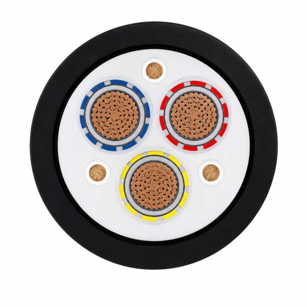 Type 240 Underground Coal Mine Cable 1.1kV to 11kV Type 240 underground coal mine cable cross section showing three screened phase cores and three pilot cores