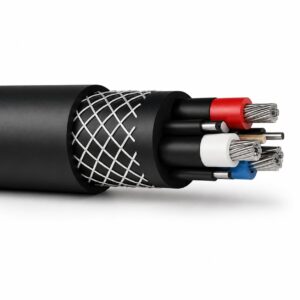 Type 241 mining cable cutaway showing phase conductors, earth conductors, pilot core and open-braid reinforcement