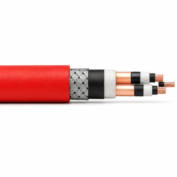 3GSEYQY 18/30 kV Screened Tunnel Cable Main Product Image 3GSEYQY 18/30 kV screened tunnel cable with red outer sheath, braid and exposed cores
