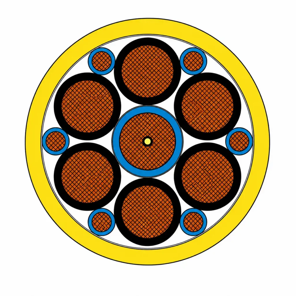 400Hz drag chain power cable cross-section showing seven 35 mm² power cores, six 6 mm² auxiliary cores and a central core