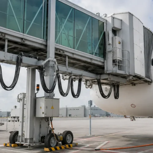 400Hz Passenger Boarding Bridge Drag Chain Cable Application Passenger boarding bridge with suspended moving cable loops at an airport aircraft stand