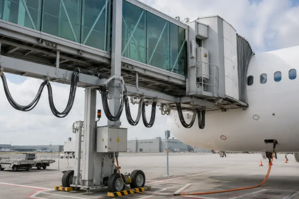 400Hz Passenger Boarding Bridge Drag Chain Cable Application Passenger boarding bridge with suspended moving cable loops at an airport aircraft stand