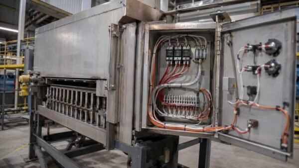 Silicone hook up wire in the control cabinet of an industrial oven, wired to relays and a terminal block