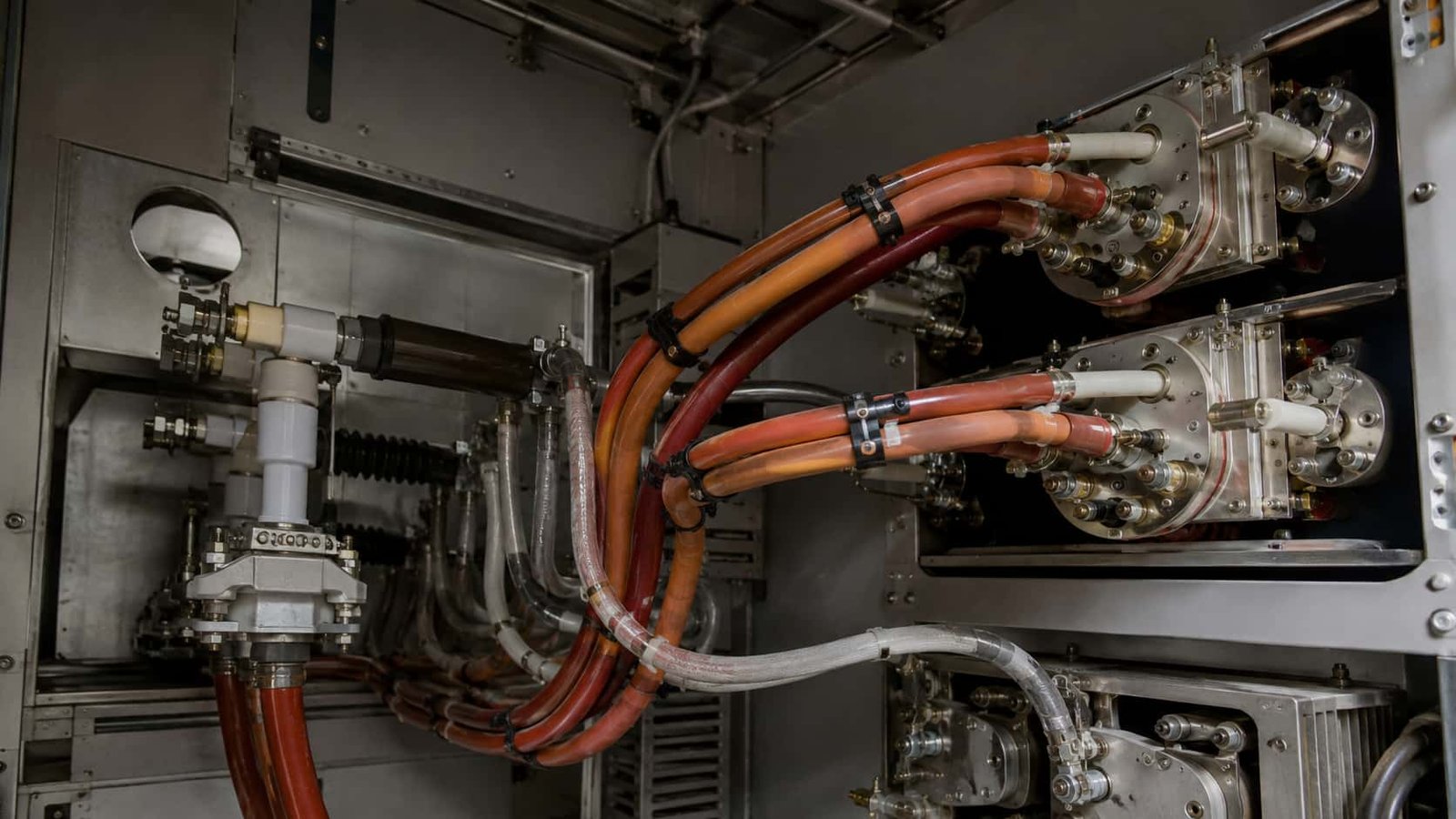 High voltage silicone lead wires routed to insulated feedthrough bushings inside a high voltage power supply cabinet