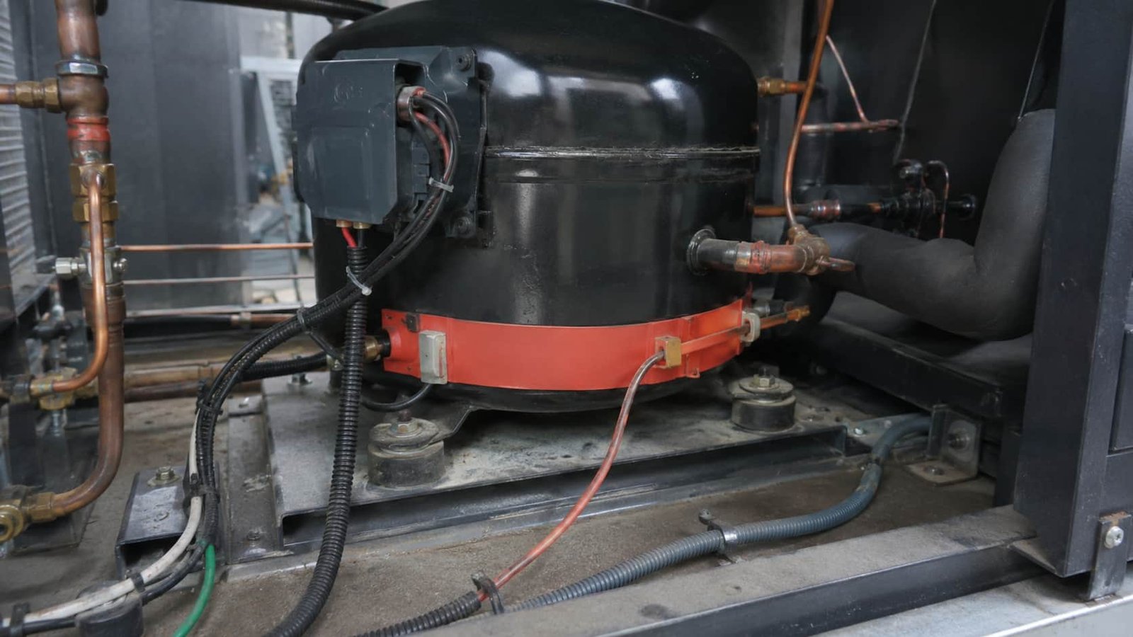 Crankcase heater band clamped around the base of a refrigeration compressor with its silicone heating element lead running to the terminal box
