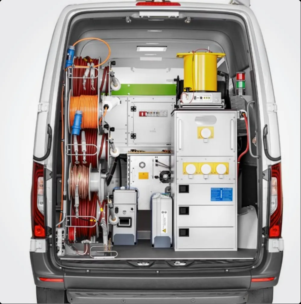 Rear view of a cable test van showing stacked HV cable reels alongside the test and measurement racks