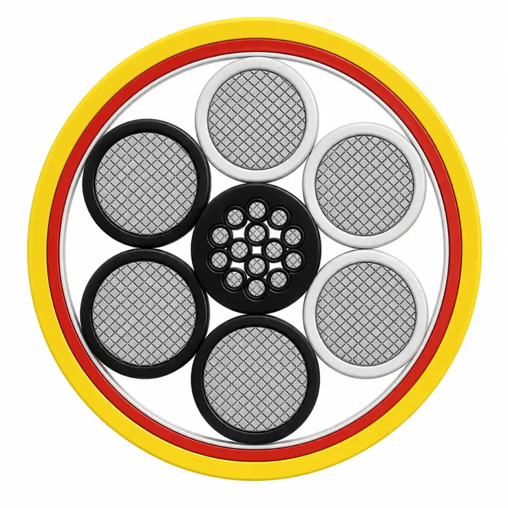 Secção transversal do cabo GP 28V DC SC mostrando um núcleo de potência de 120 mm² e quatro núcleos de controlo