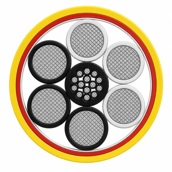 Secção transversal do cabo GP 28V DC SC mostrando um núcleo de potência de 120 mm² e quatro núcleos de controlo
