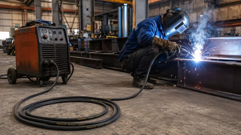 H01N2-D welding cable used as an arc-welder secondary lead in a fabrication workshop