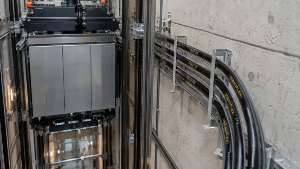 H05VVH6-F and H07VVH6-F elevator traveling cable installed in a lift shaft