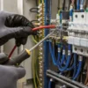 Electrician terminating a single-core H07G cable in a protected electrical panel