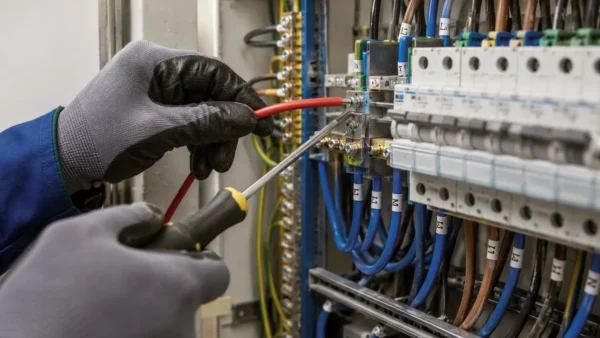 Electrician terminating a single-core H07G cable in a protected electrical panel