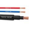 Three silicone single cores side by side: a red HRD wire, a blue FRNC wire and a thick black ECSC-HRD cable stepped back through its sheath and insulation to the stranded copper