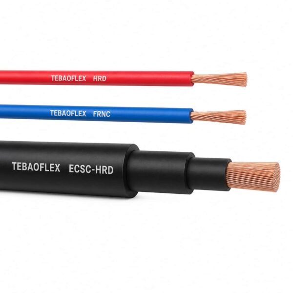 Three silicone single cores side by side: a red HRD wire, a blue FRNC wire and a thick black ECSC-HRD cable stepped back through its sheath and insulation to the stranded copper