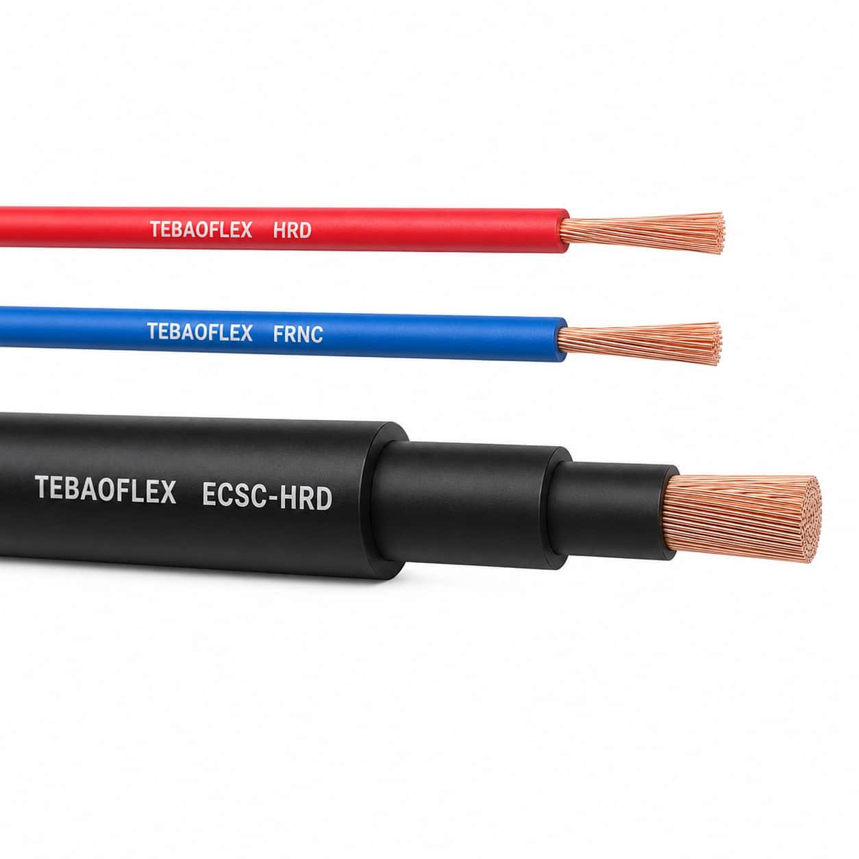 Three silicone single cores side by side: a red HRD wire, a blue FRNC wire and a thick black ECSC-HRD cable stepped back through its sheath and insulation to the stranded copper