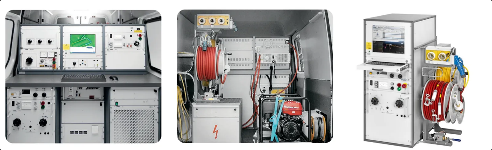 Cable test van interior: HV test set, control desk and cable reels for fault location work