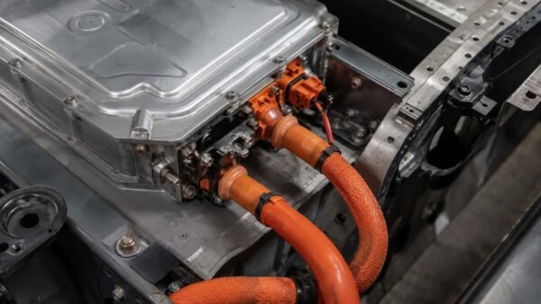Orange high voltage cables connected to an EV inverter housing on the vehicle floorpan with orange high voltage connectors and braided sleeving