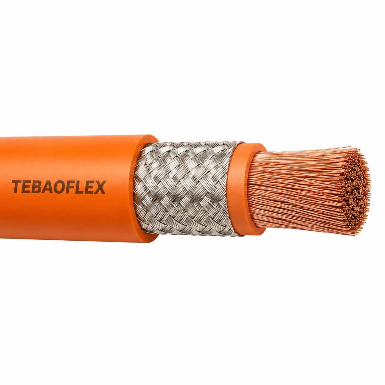 ISO 19642-9 screened high voltage cable stepped back through orange XLFE sheath, tinned copper braid screen, primary insulation and fine-stranded copper conductor